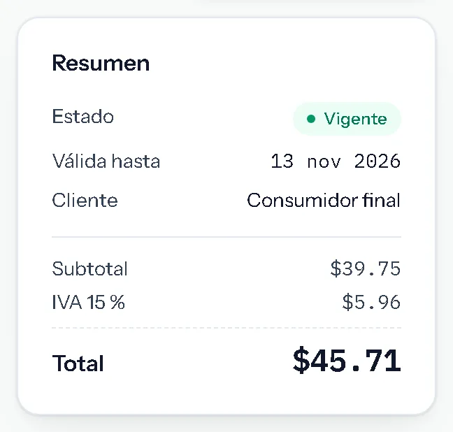 Resumen de la cotización #000001: vigente hasta el 13 nov 2026, para consumidor final, total $45.71.