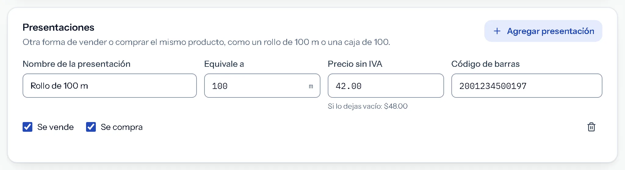 Ficha del cable sólido #12 en Mostrador: la presentación Rollo de 100 m, que equivale a 100 m, a $42.00 sin IVA y con su propio código de barras.